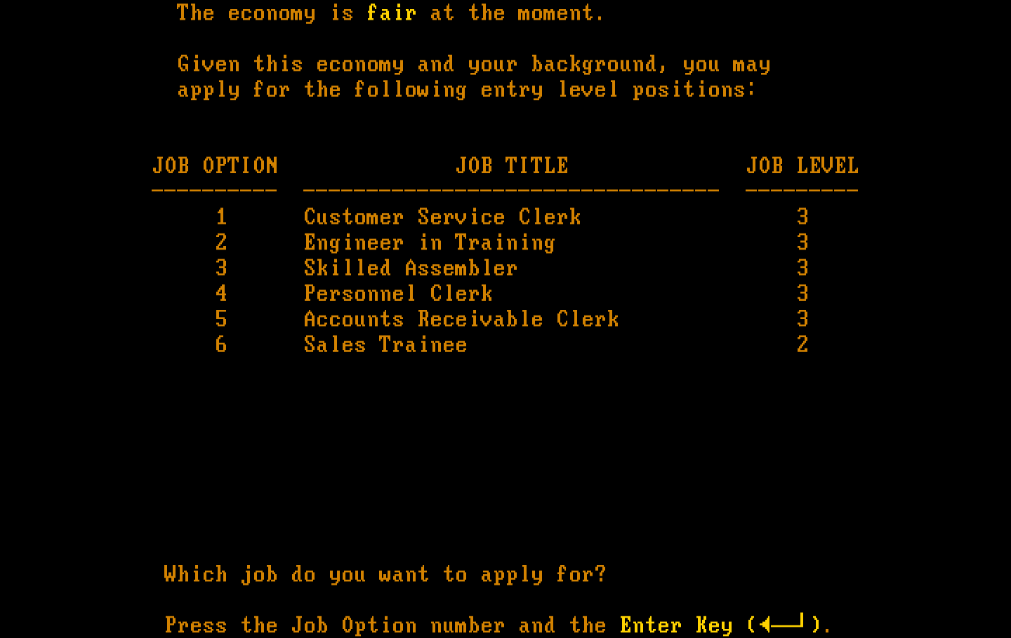 Executive Suite IBM PC/Compatibles Screenshot: Which job would you like to apply to?