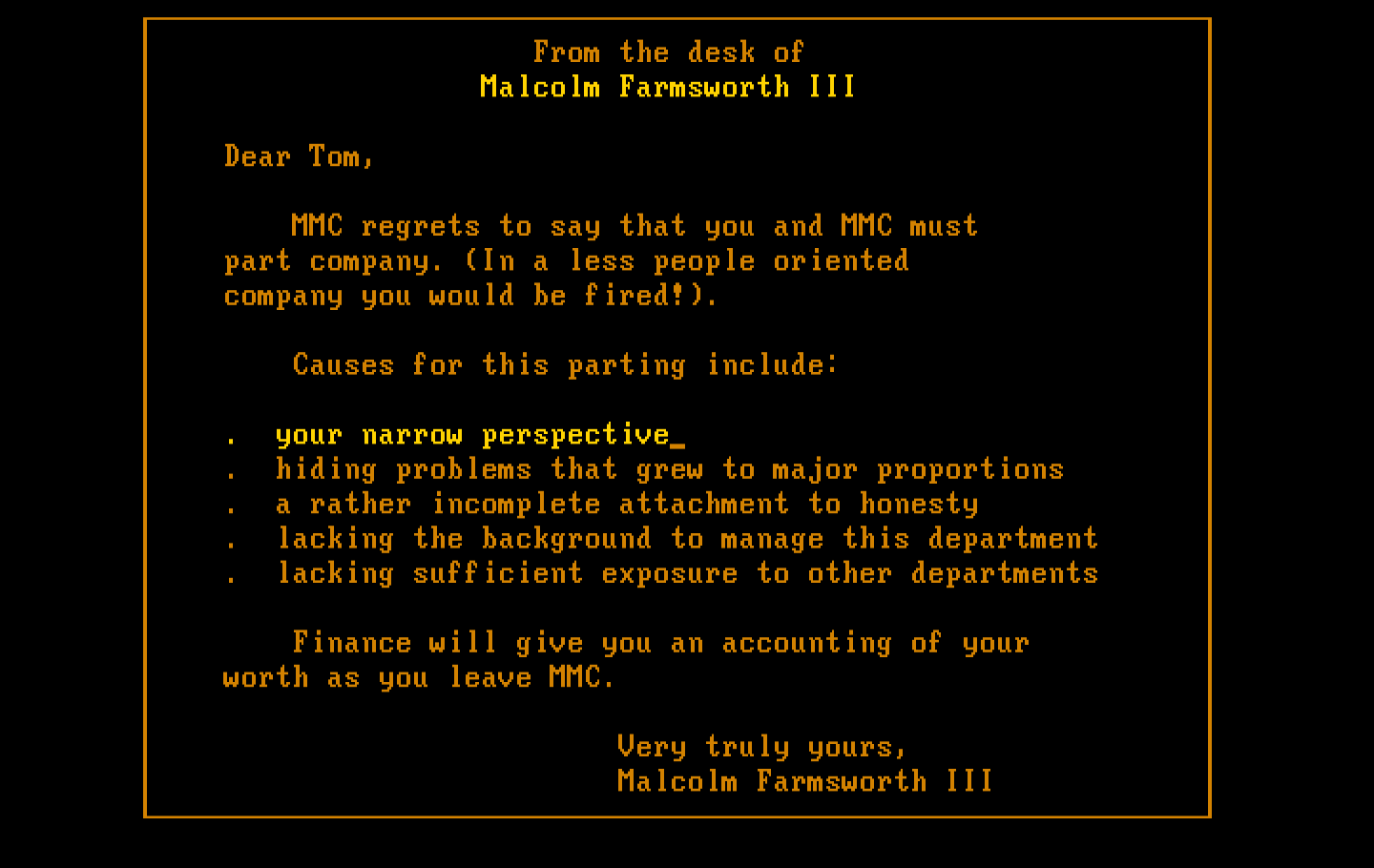 Executive Suite IBM PC/Compatibles Screenshot: I've been fired!