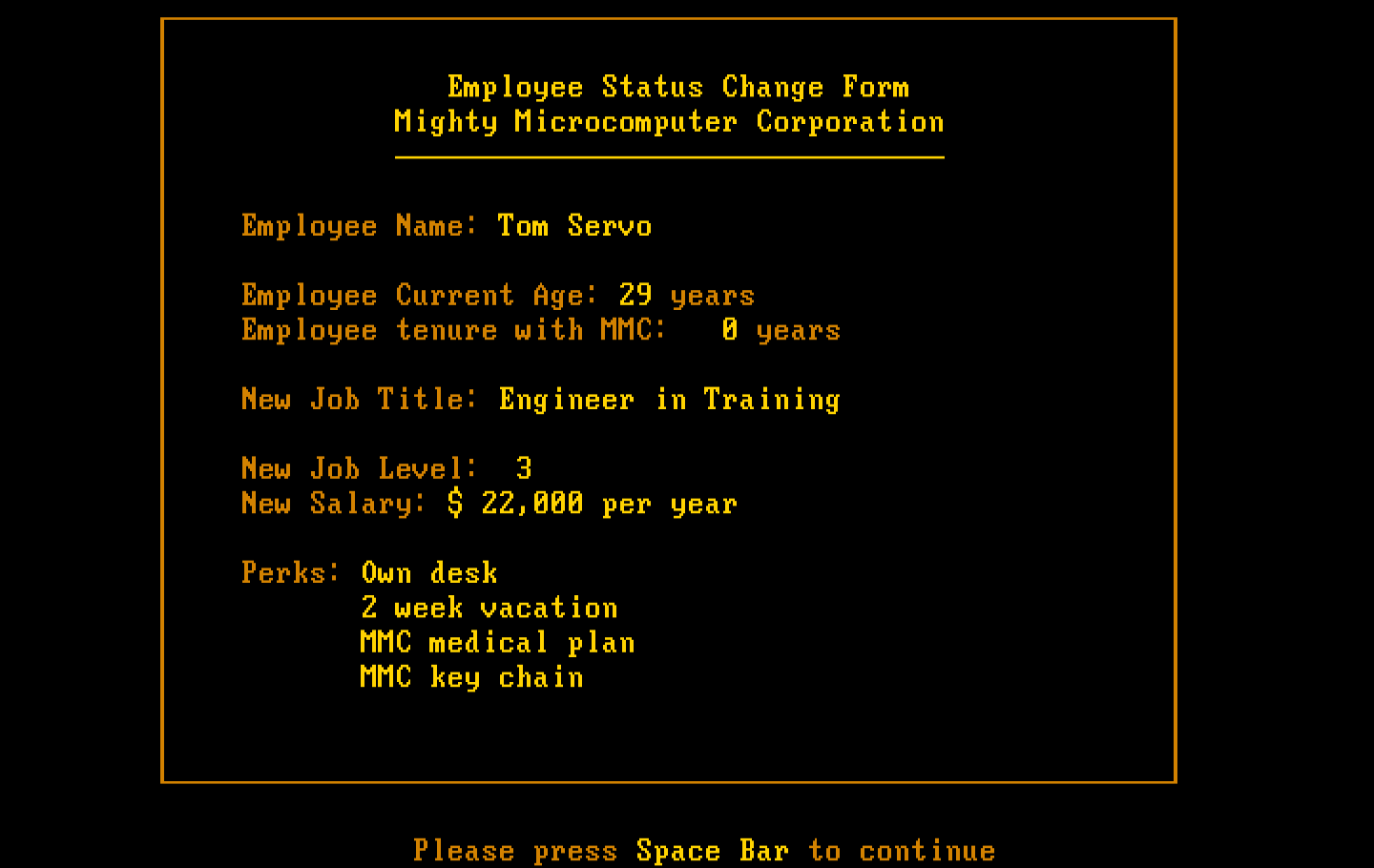Executive Suite IBM PC/Compatibles Screenshot: Here's the perks of the position I landed...