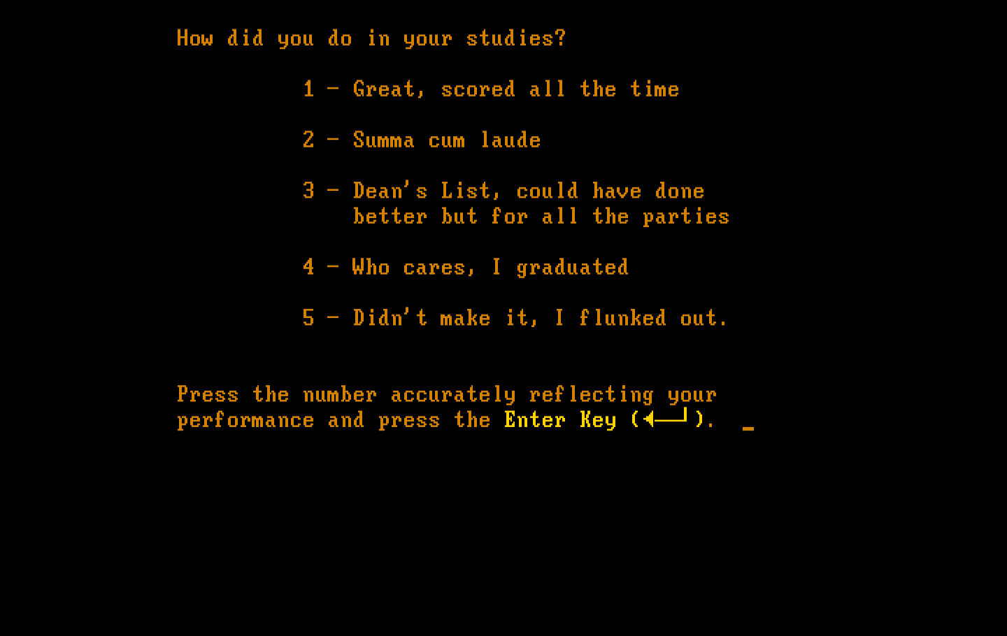 Executive Suite IBM PC/Compatibles Screenshot: How did you do in your studies?
