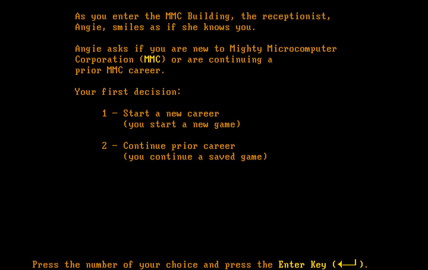 Executive Suite IBM PC/Compatibles Screenshot: Start a new game, or restore an old game?