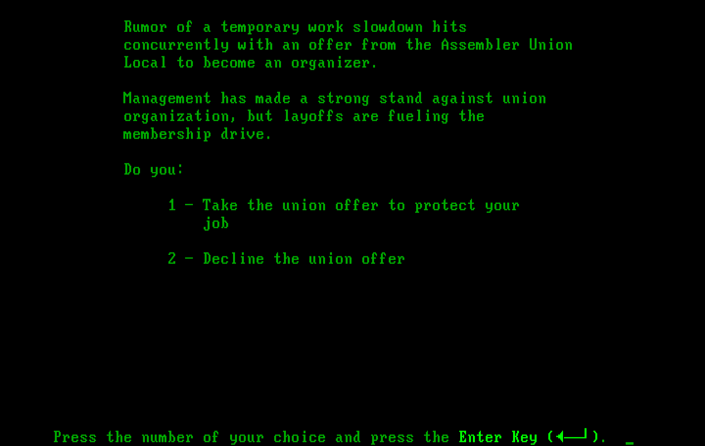 Executive Suite IBM PC/Compatibles Screenshot: Join a union?