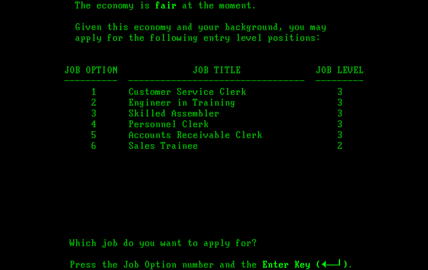 Executive Suite IBM PC/Compatibles Screenshot: Which job would you like to apply to?