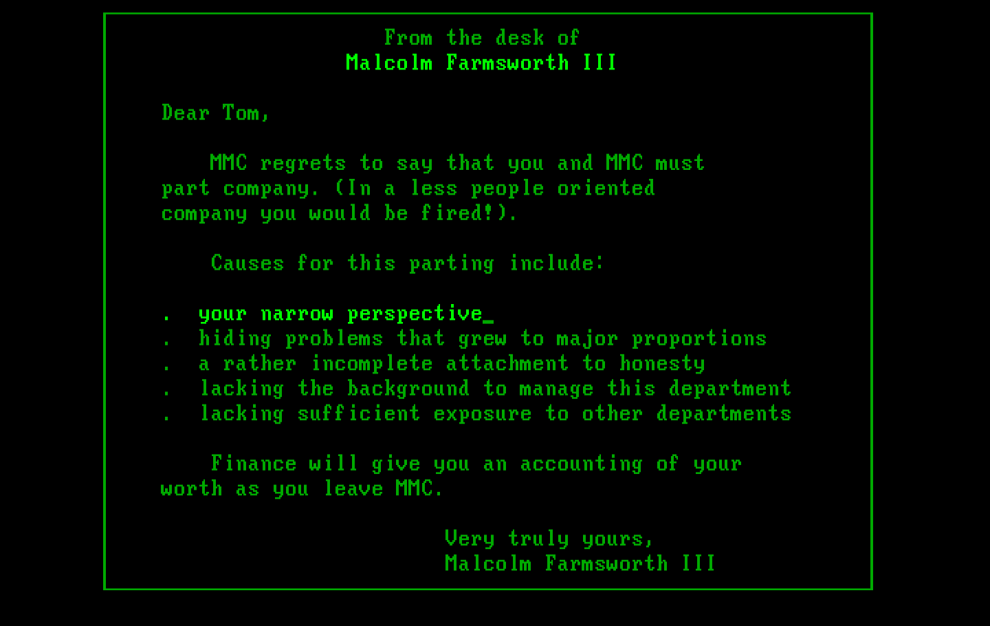 Executive Suite IBM PC/Compatibles Screenshot: I've been fired!