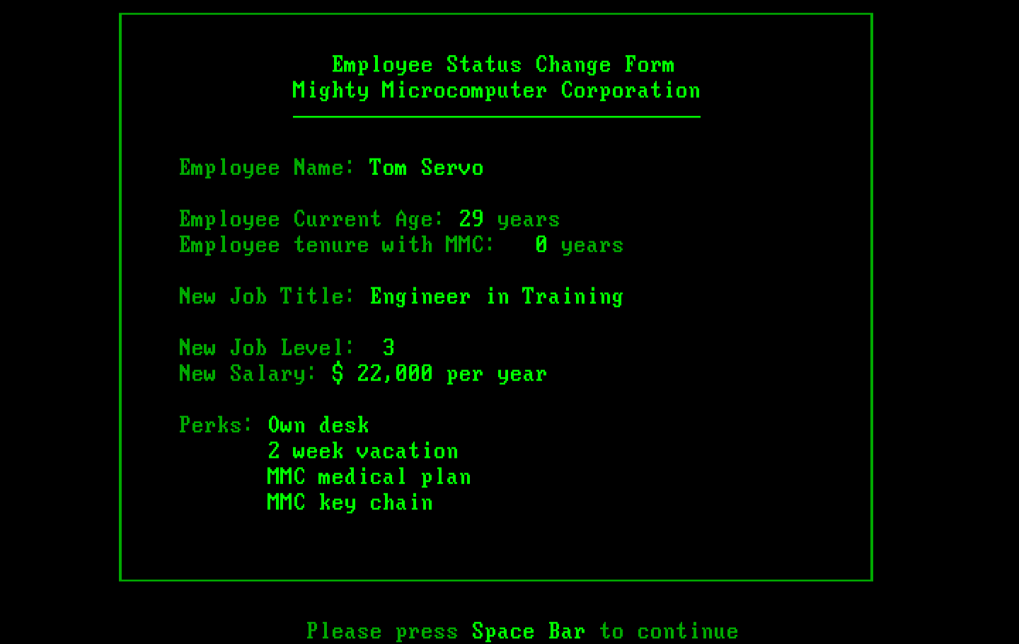 Executive Suite IBM PC/Compatibles Screenshot: Here's the perks of the position I landed...