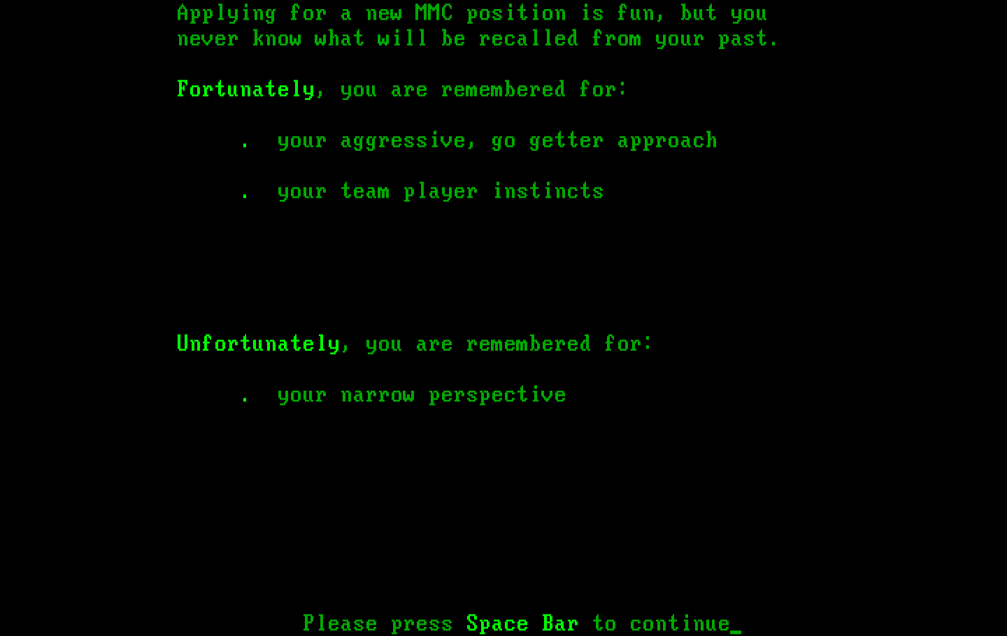 Executive Suite IBM PC/Compatibles Screenshot: Some positives and negatives I'm remembered for...