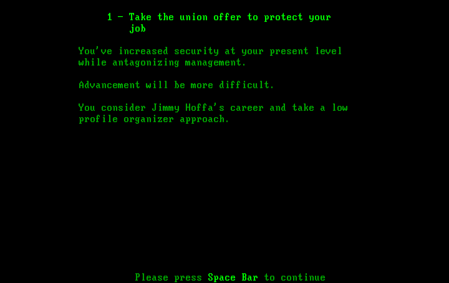 Executive Suite IBM PC/Compatibles Screenshot: Joining a union may cause problems...