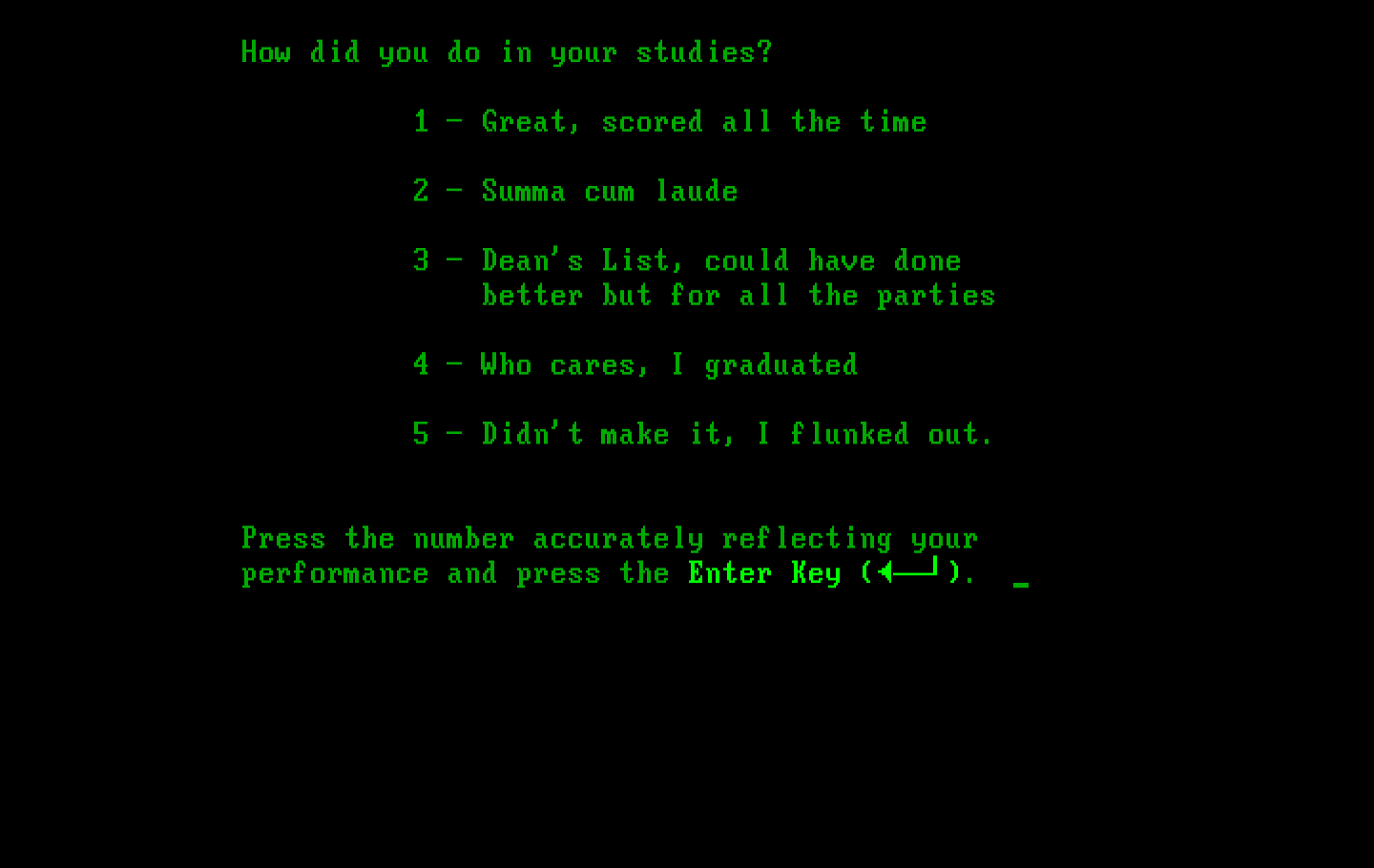 Executive Suite IBM PC/Compatibles Screenshot: How did you do in your studies?