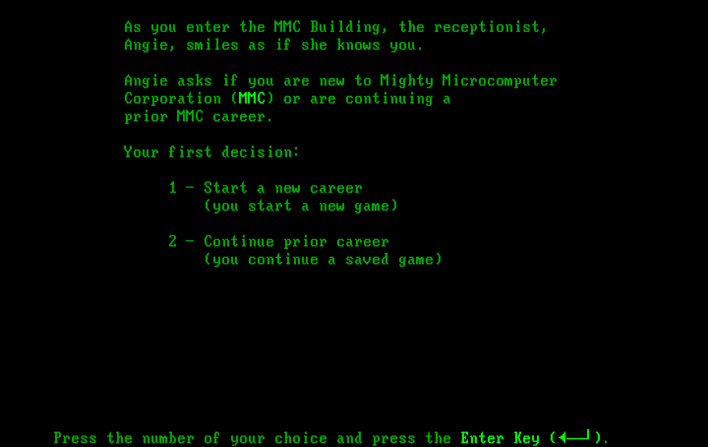 Executive Suite IBM PC/Compatibles Screenshot: Start a new game, or restore an old game?