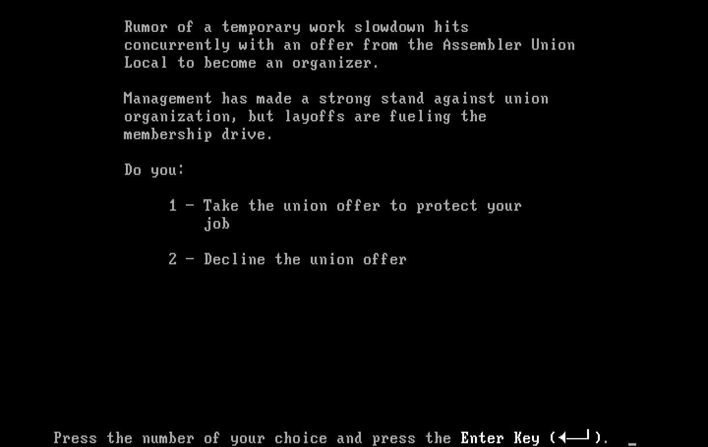 Executive Suite IBM PC/Compatibles Screenshot: Join a union?