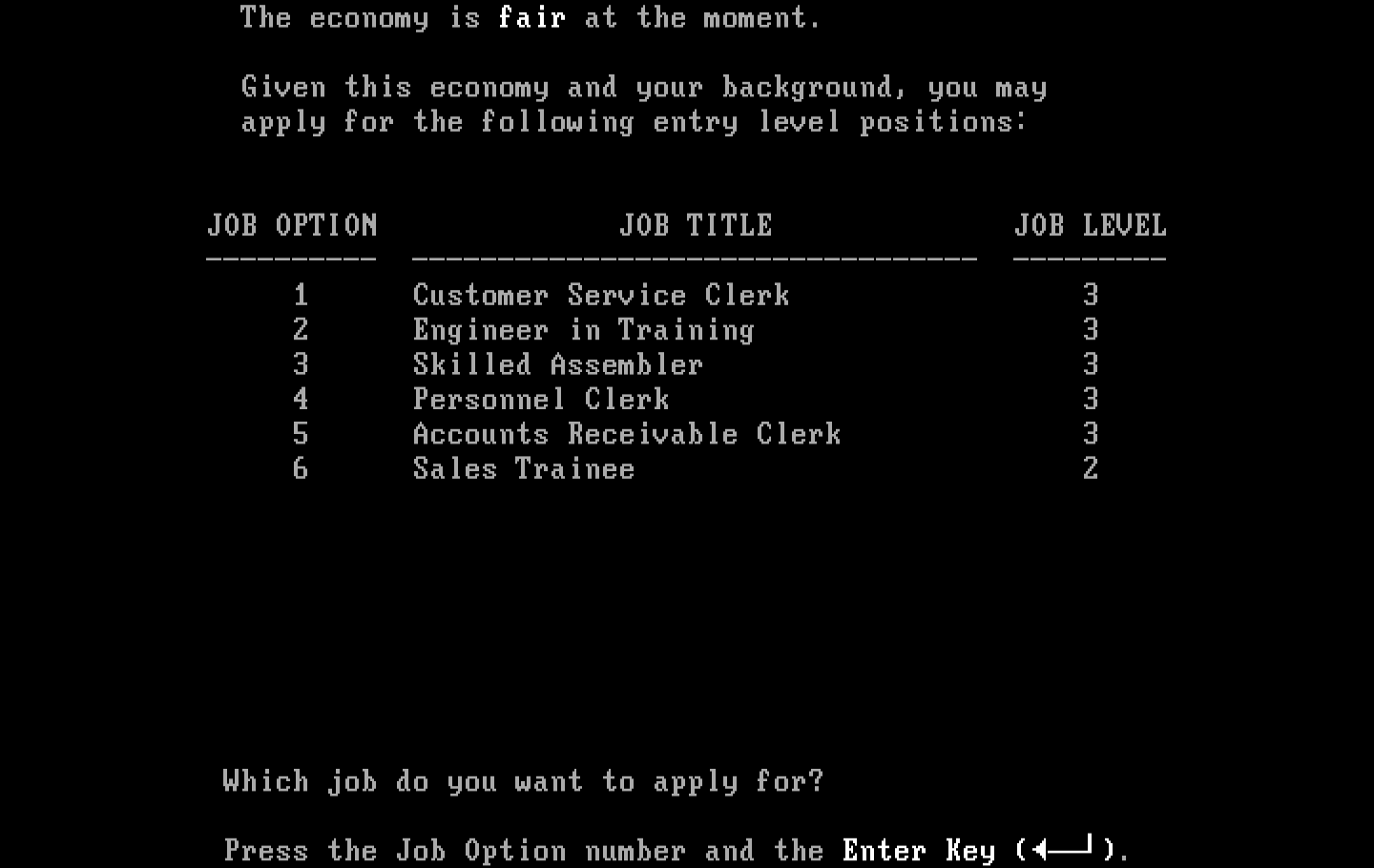 Executive Suite IBM PC/Compatibles Screenshot: Which job would you like to apply to?