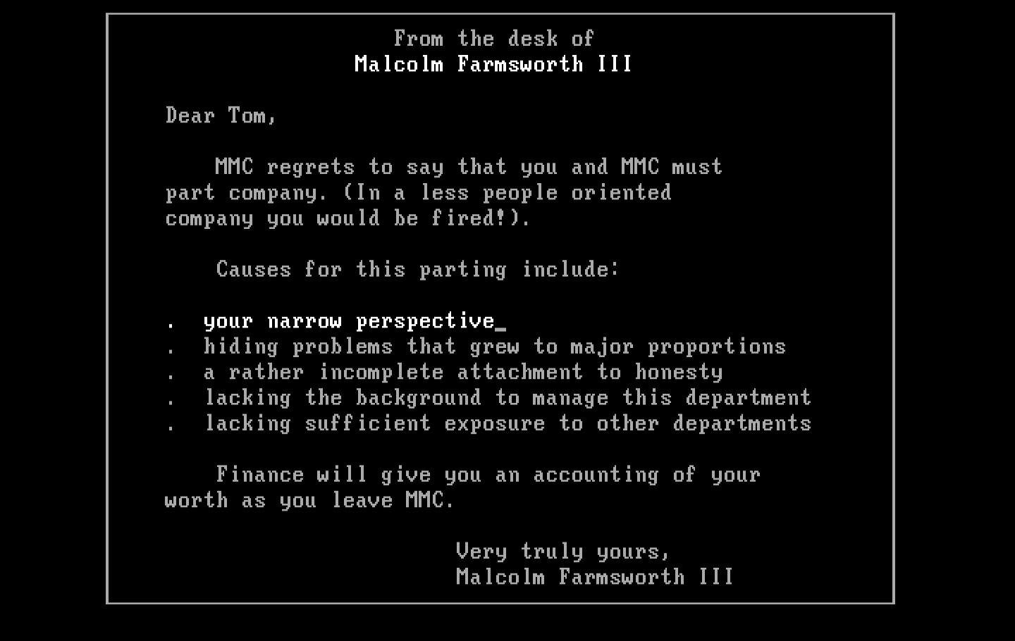 Executive Suite IBM PC/Compatibles Screenshot: I've been fired!