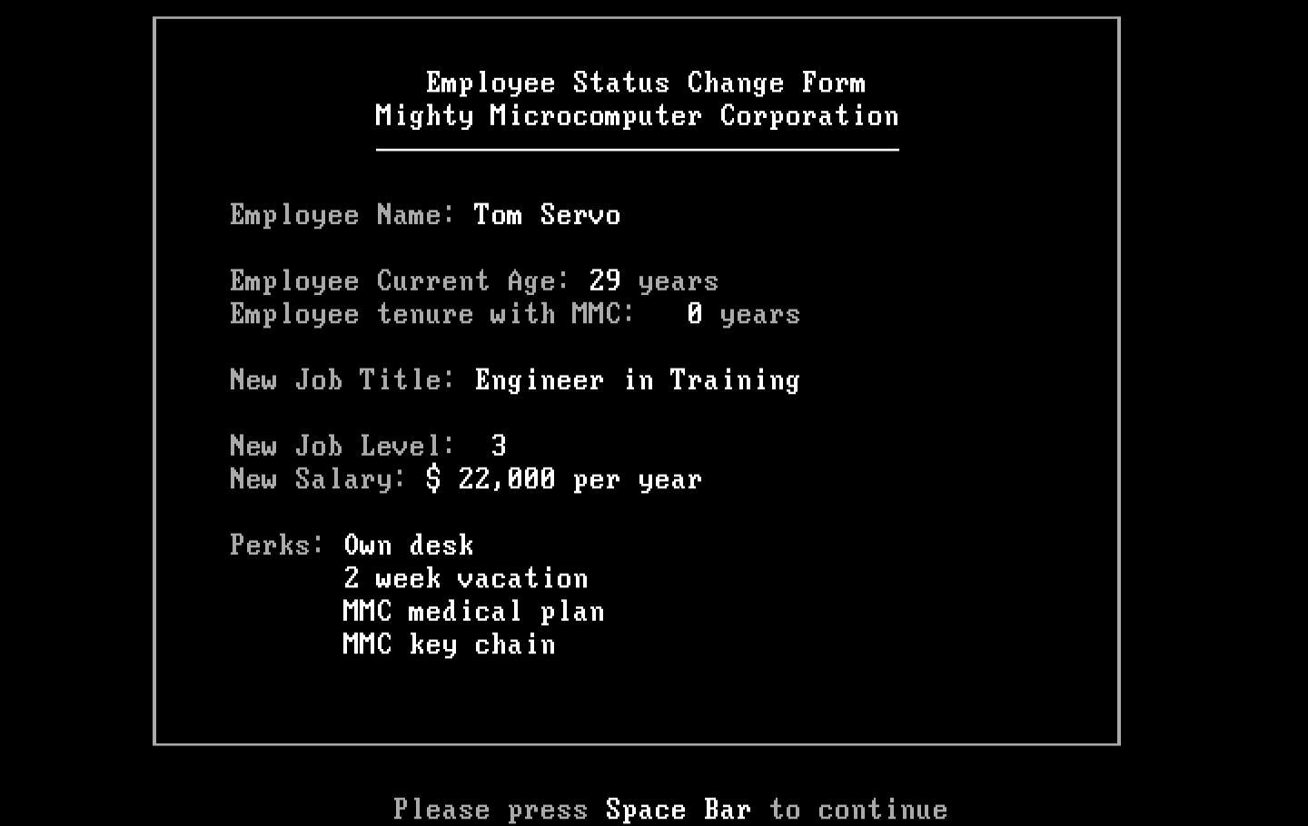 Executive Suite IBM PC/Compatibles Screenshot: Here's the perks of the position I landed...