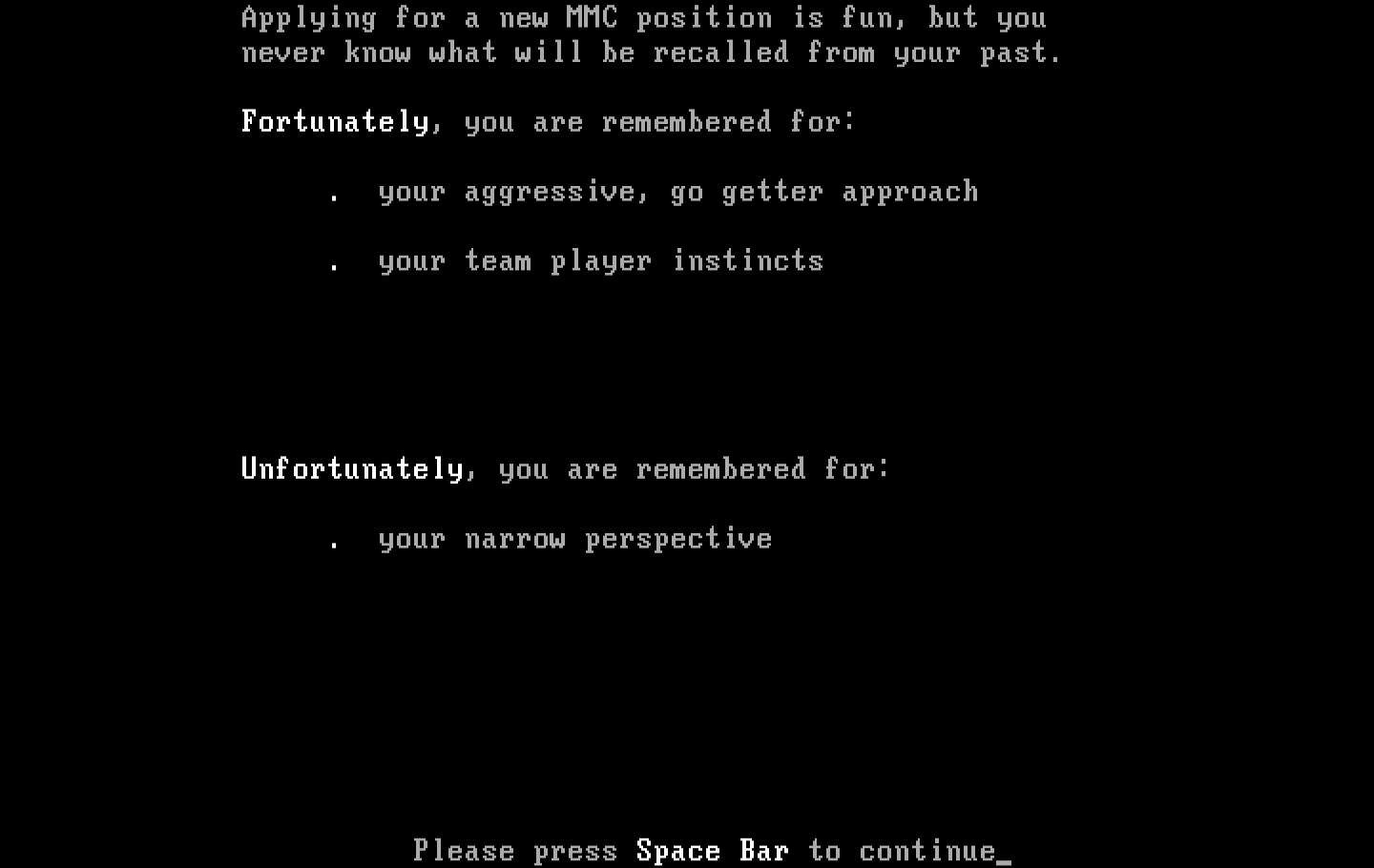 Executive Suite IBM PC/Compatibles Screenshot: Some positives and negatives I'm remembered for...