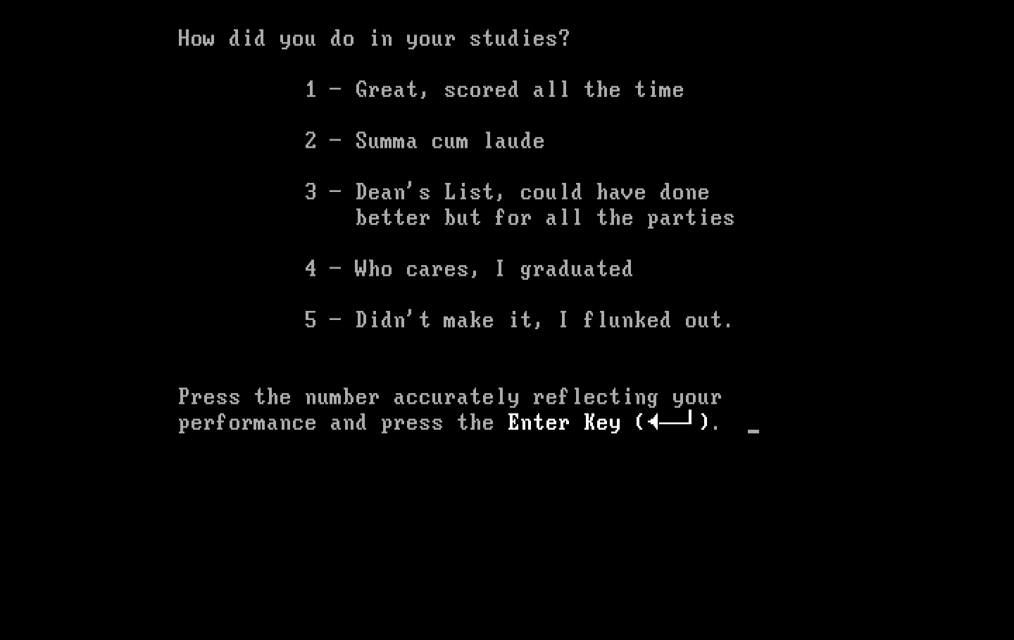 Executive Suite IBM PC/Compatibles Screenshot: How did you do in your studies?