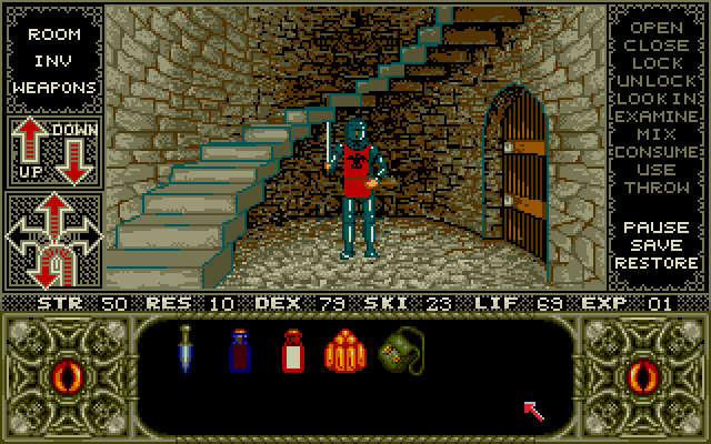 Elvira Amiga Screenshot: Careful, it's another guard!