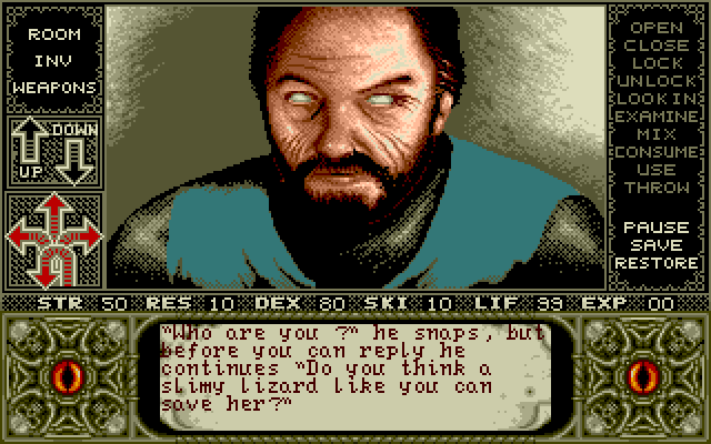 Elvira Amiga Screenshot: Uh oh, am I in trouble?