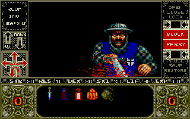 Elvira Amiga Screenshot: Under attack; ouch, I need to block these attacks!