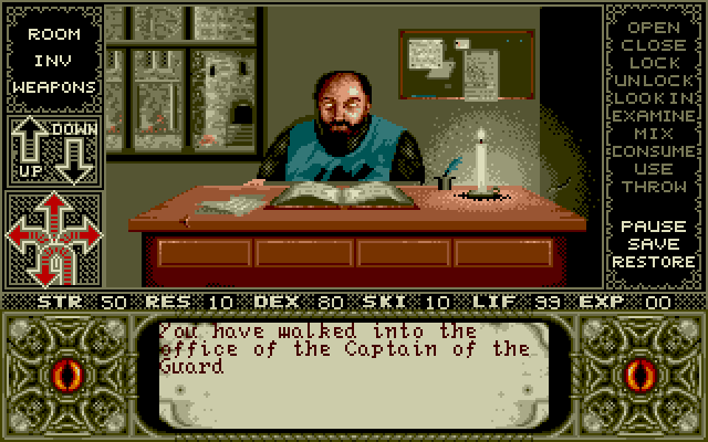 Elvira Amiga Screenshot: The captain of the guard...