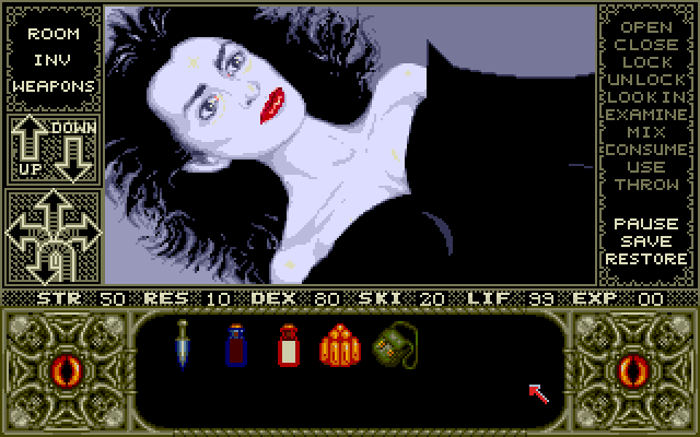 Elvira Amiga Screenshot: Uh oh, I woke someone up!