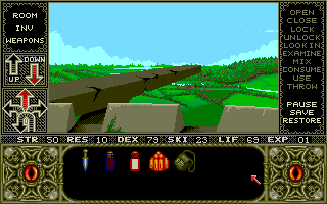 Elvira Amiga Screenshot: View from the top of the castle.