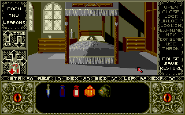 Elvira Amiga Screenshot: Exploring a bedroom; who's this here?