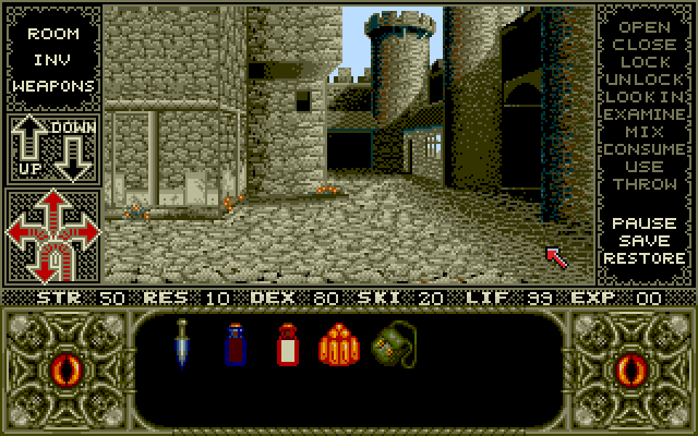 Elvira Amiga Screenshot: Exploring the castle courtyard.
