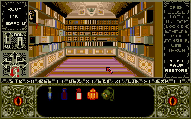 Elvira Amiga Screenshot: The library; maybe I can find a book of spells here?