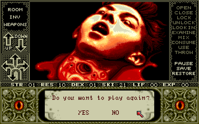 Elvira Amiga Screenshot: Game over; play again?
