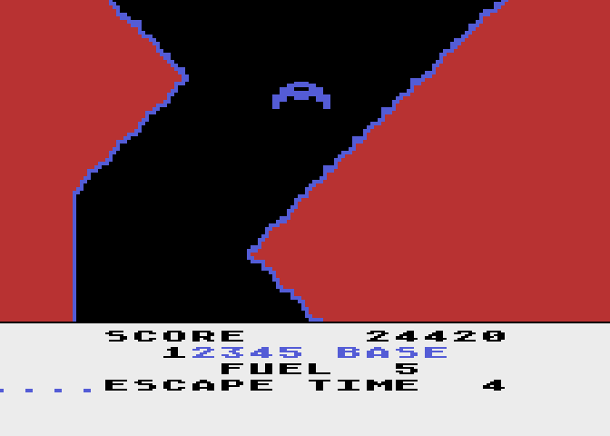 Caverns of Mars Atari 8-bit Screenshot: I need to escape...but I'm almost out of fuel!