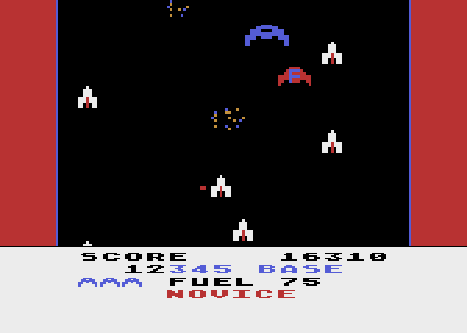 Caverns of Mars Atari 8-bit Screenshot: You'll need to make sure you have enough fuel for the final section of the game...