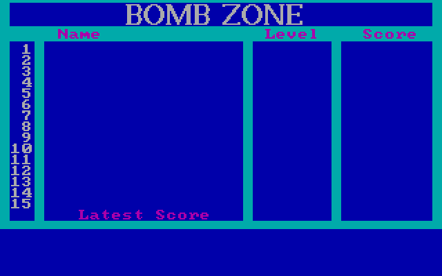 Bomb Zone IBM PC/Compatibles Screenshot: Title screen; no high scores are available yet.