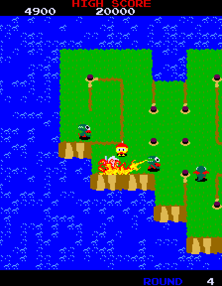 Dig Dug II Arcade Screenshot: Oh no, the Fygar got me!