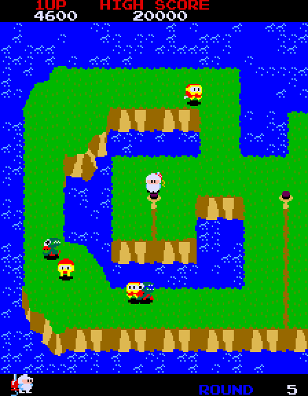 Dig Dug II Arcade Screenshot: Each round has a slightly different layout.