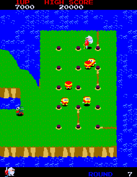 Dig Dug II Arcade Screenshot: You can drill to attempt to cause parts of the island to sink.