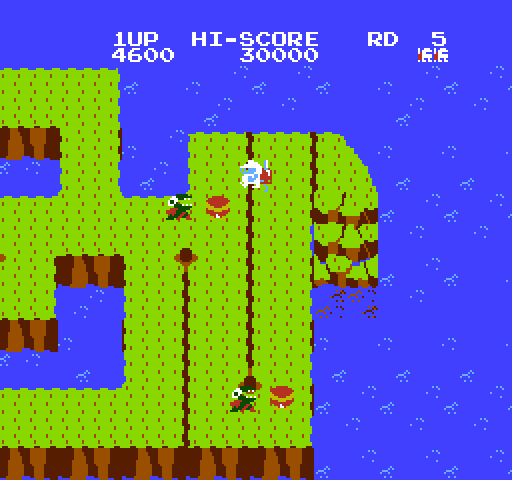 Dig Dug II NES / Famicom Screenshot: Drill to make the land and opponents fall into the water.