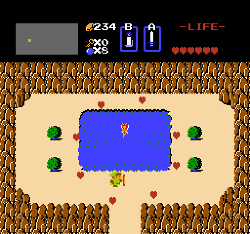Legend of Zelda, The NES / Famicom Screenshot: This pond has a hidden fairy to restore part of your energy!