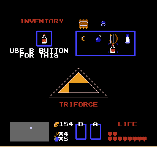 Legend of Zelda, The NES / Famicom Screenshot: The pause screen and item selection menu.