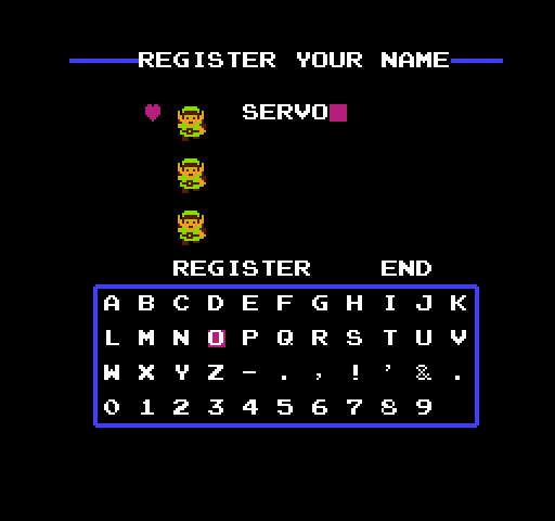 Legend of Zelda, The NES / Famicom Screenshot: Setting up a character for a new game.