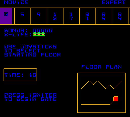 Cloak & Dagger Arcade Screenshot: Game start; select a starting floor.