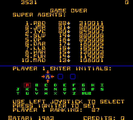 Cloak & Dagger Arcade Screenshot: Game over; a new high score, enter your initials!