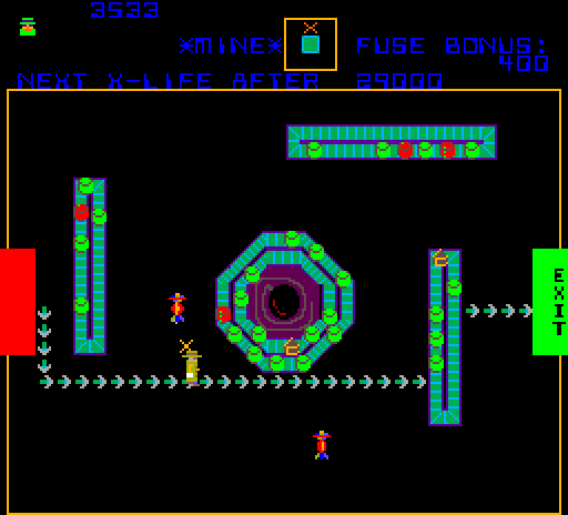 Cloak & Dagger Arcade Screenshot: Follow the arrows to avoid stepping on land mines...