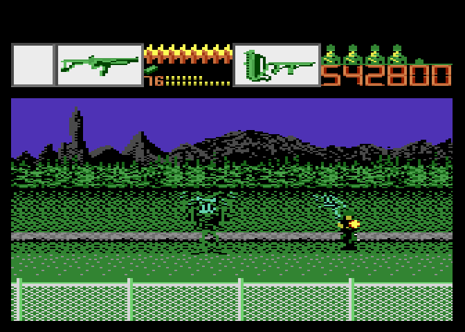 Alien Brigade Atari 7800 Screenshot: The green aliens can blend into the background a bit here...