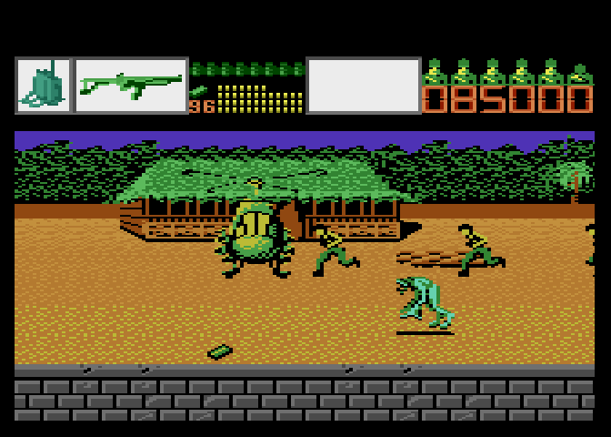 Alien Brigade Atari 7800 Screenshot: Hostages escaping into a helicopter.