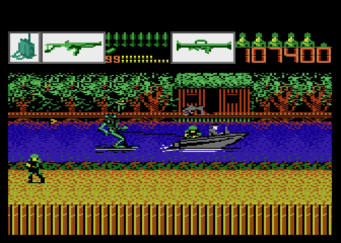 Alien Brigade Atari 7800 Screenshot: Sometimes an alien will be waterskiing, sometimes it's a civilian...shoot carefully!