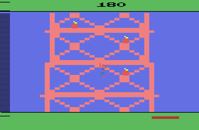 Spider-Man Atari 2600 Screenshot: The red bombs are ones that are about to explode...