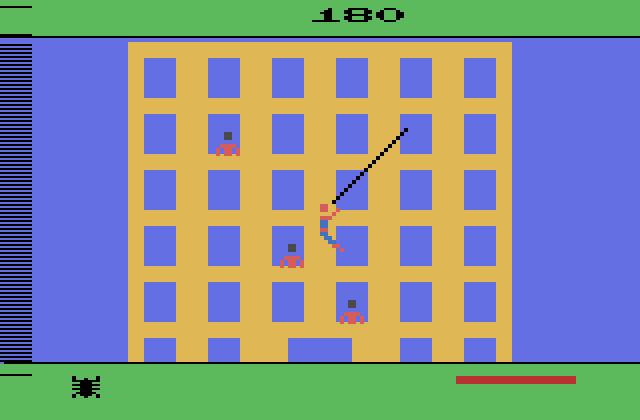 Spider-Man Atari 2600 Screenshot: Shoot your web to the building, not windows...