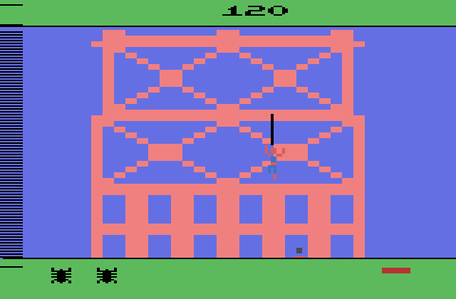 Spider-Man Atari 2600 Screenshot: This section is trickier; not much space to grab on to...