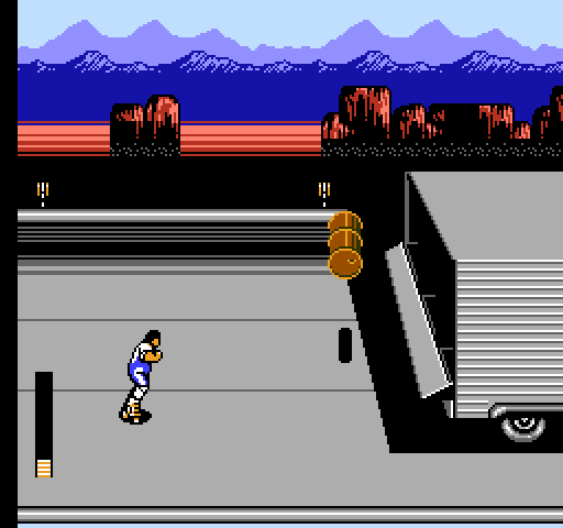 Rollergames NES / Famicom Screenshot: A truck drops barrels at the end of this stage.