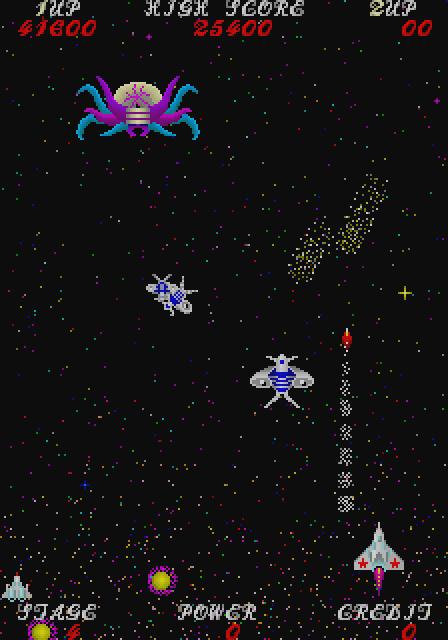 Sky Fox Arcade Screenshot: Attacking alien creatures...